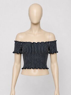 Striped Navy Off-Shoulder Smocked Crop Top